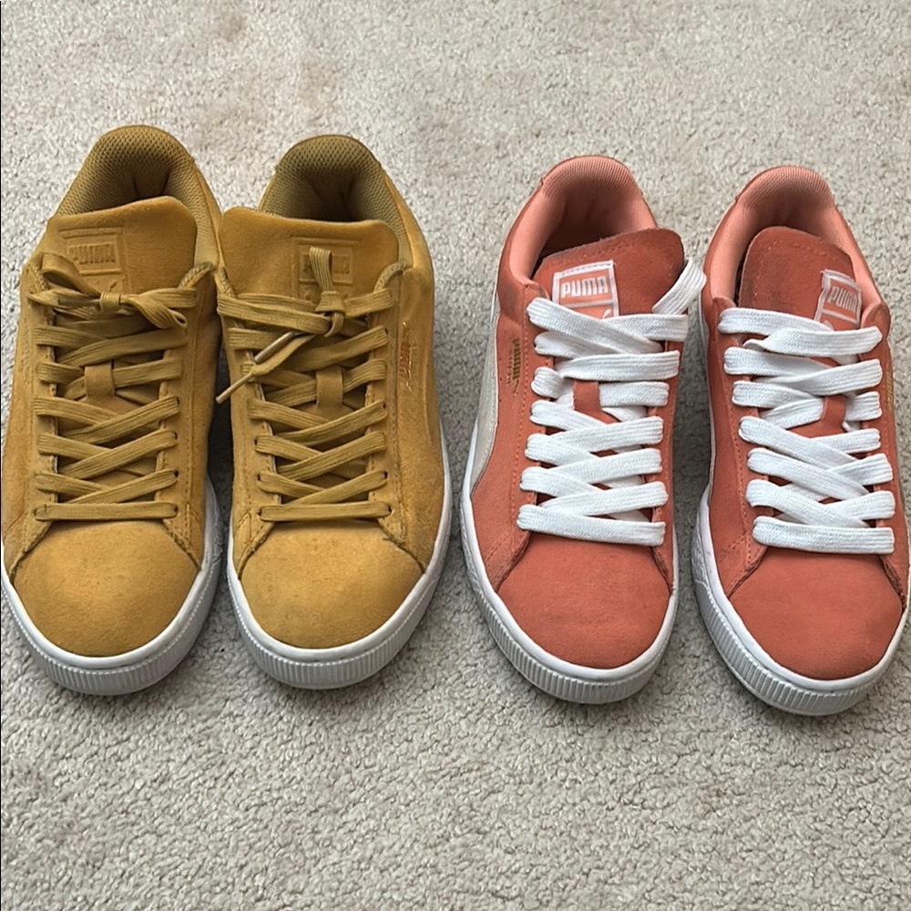 Puma Low-Top Suede Sneakers in Mustard Yellow and Coral